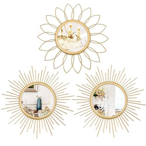 3 Pack Metal Mirrors for Wall Sunburst Wall Mirrors Home Dcor Decorative Hanging Wall Art for Living Room Bedroom Entryway (Gold, Flower+Sunburst)
