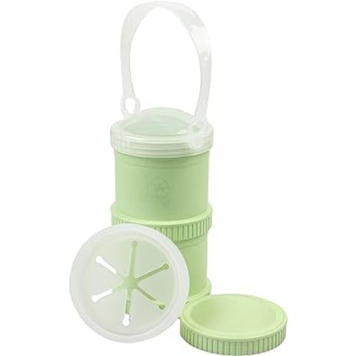 Re-Play Made in USA Snack Stack - 2 Snack Containers for Kids with 3 Plastic Storage Lids, 1 Silicone Snack Lid, and 1 Silicone Travel Lid with Strap - Microwave/Dishwasher/Freezer Safe - Leaf
