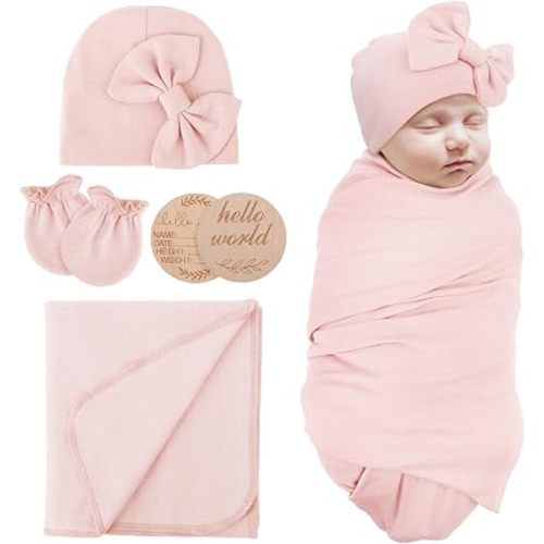 AQOKKA Newborn Receiving Blanket with Bow Hat Mittens Wooden Card Set Newborns Toddler Baby Boy Girl Nursery Swaddle Wrap