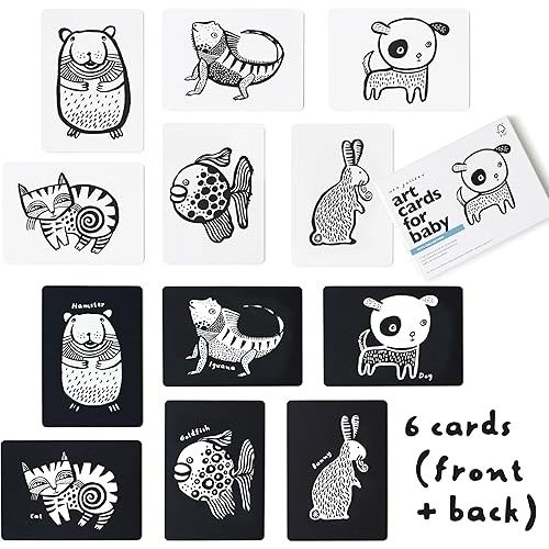 Wee Gallery Black and White Animal Art Cards for Babies, Durable High Contrast Vision Cards, Brain Development Educational Learning Tool for Newborn, Infant, Baby, Toddler - Family Pets