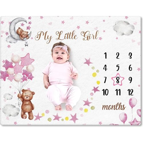 Sleeping Bear Monthly Baby Milestone Blanket Bear Star Balloon Flannel Blanket Boy Newborn Infant Swaddle Growth Chart Baby with Frame for Boys Girls Nursery (Pink)