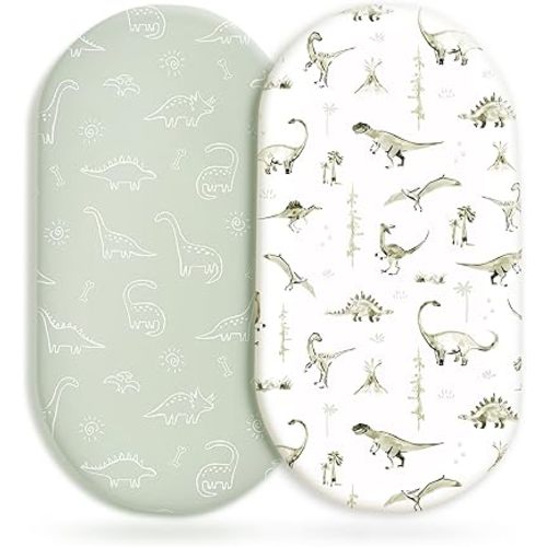 Stretch Ultra Soft Fitted Bassinet Sheet Set 2 Pack, Universal Fit for Bassinets Baby Cradle Moses Basket Oval Rectangle Mattress Safe and Snug, Dinosaur