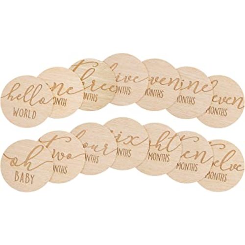Pearhead Wooden Monthly Milestone Photo Cards - 7 Double-Sided Engraved Discs for Baby Announcement and Milestones, Holiday Baby Photos, Gender-Neutral Photo Props for Newborn Boy and Girl, Light Wood