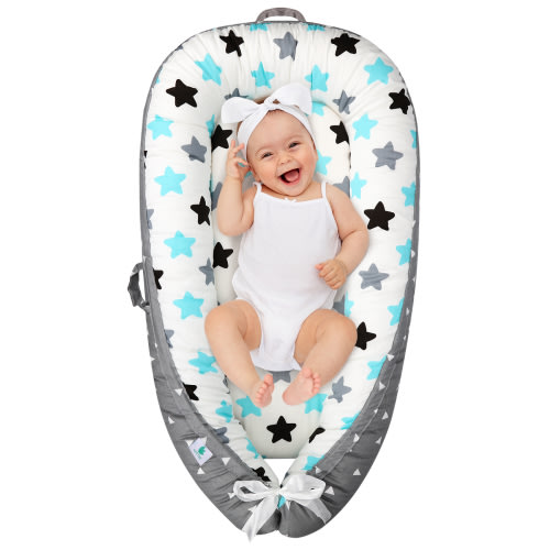 Baby Lounger, Baby Nest 100% Cotton Breathable Sleeping Bed for Newborn Baby Must Have Essentials Baby Registry Search (Blue Star)