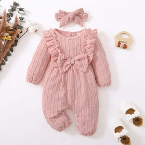 6-9 Months Newborn Baby Girl Outfits Infant Long Sleeve Solid Color Romper with Headband Set Infant Fall Winter Clothes Pink