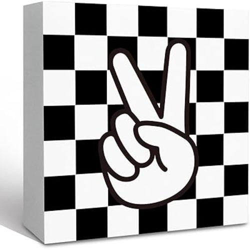 Boys Room Checkered Decor Wooden Box Sign Desk Decor, Boy Bedroom Decor, Black and White Checked Signs Decor for Playroom Kids Room, Postive Checkered Decor Home Shelf Desk Decor 5x5 Inch