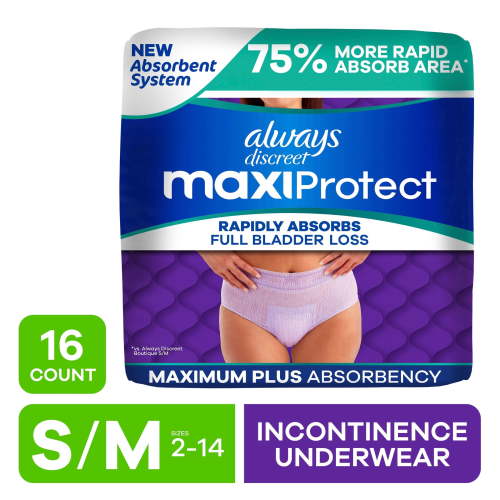Always Discreet Adult Diapers for Women, MaxiProtect, Incontinence Underwear, Maximum Plus Absorbency, Size S/M, 16 Count HSA/FSA Eligible