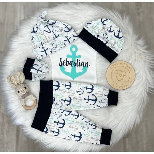 Personalized Nautical Boys Coming Home Outfit, Anchor Baby Boy Outfit, Take Home Newborn Outfit, Baby Boy Hat Set, Baby Shower Gift Boy
