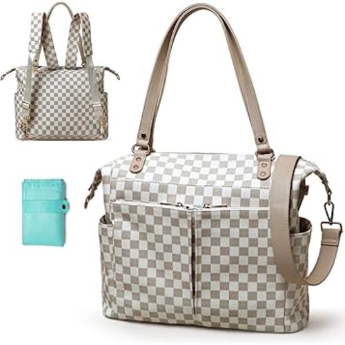 MOMINSIDE Checkered Diaper Bag Backpack Diaper Bag Tote with 14 Pockets, Plaid Tote Bag 4 in 1 Leather Checkered Bag for Boys Girls, Changing Pad, 4 Large Insulated Pockets(beige&honey)