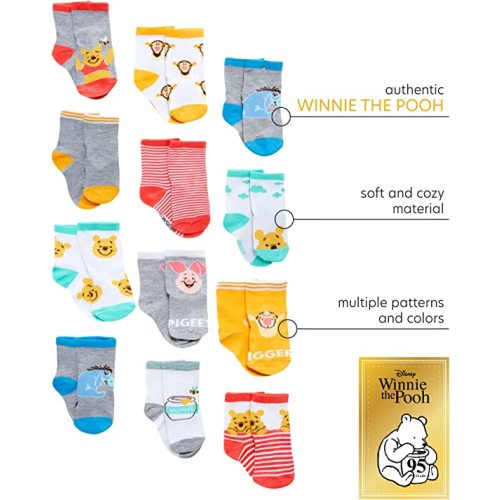 Disney Baby Boys’ Socks - 12 Pack Mickey Mouse, Winnie The Pooh, Lion King, Toy Story (Newborn/Infant) - Winnie the Pooh - 0-6 Months