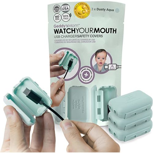 Geddy's Mom - Watch Your Mouth - The Award Winning USB Charger Child Safety Cover - Made in The USA - Baby Proofing Toddler Shock Prevention (3 Pack Dusty Aqua)