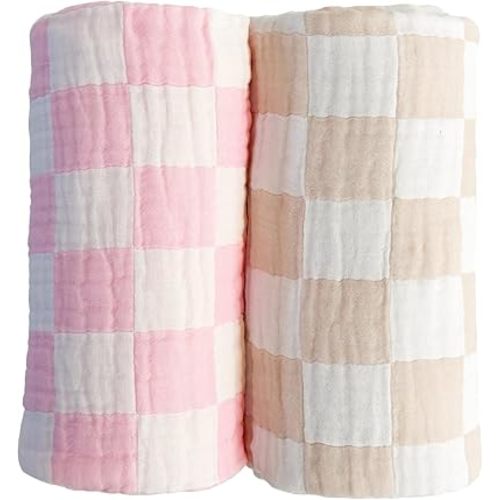 Ultra Soft Checkered Muslin Baby Blanket Pack of 2 Cotton Swaddles Bed Blankets for Babies and Toddlers Girls Newborn 42 x 42 inches Cream and Pink