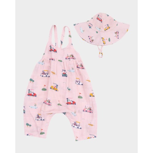 Girl's Golf Carts Cuties Tie Back Romper W/ Sun Hat, Size 3M-24M