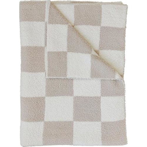 Mebie Baby Taupe Checkered Plush Lovey Blanket 15x20 - Soft, Lightweight, Breathable | Available in Two Sizes