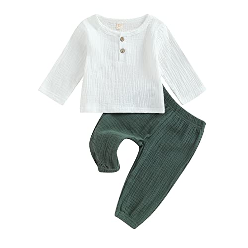 AEEMCEM Baby Boy Girl Clothes Toddler Cotton Linen Outfit Muslin Long Sleeve T-Shirt Tops Pants Set