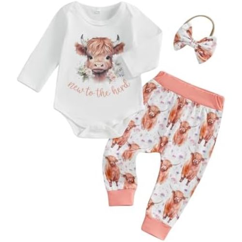 Newborn Western Baby Girl Clothes Highland Cow New To The Herd Romper Pants Set 3Pcs Summer Farm Coming Home Outfit