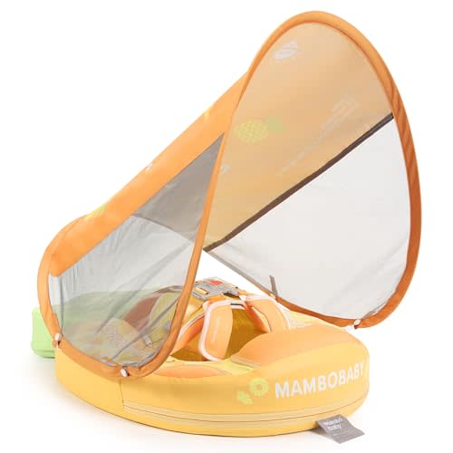 Mambobaby Float Add Tail Baby Swim Float with Canopy Solid Pool Infant Swim Trainer Swimming Training Lying Air Free Water Floats Non-Inflatable Waist Swim Ring for Toddlers (Pineapple)