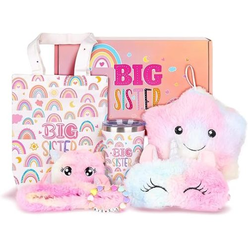 Big Sister Gifts for Girls, New Gifts for Sister 12oz Big Sister Cup Mug Canvas Tote Bag Big Sister Bracelet Plush Headband Star Pillow Purse Sleep Eye-shade for Little Girls