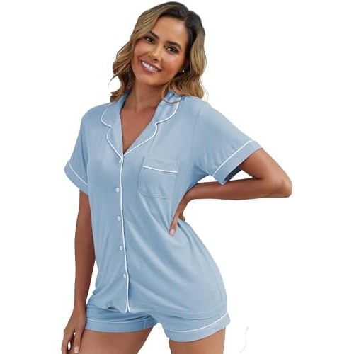Womens Pajama Sets Short Sleeve Sleepwear Soft Button Down Nightwear Lounge Pj Set XS-XXL