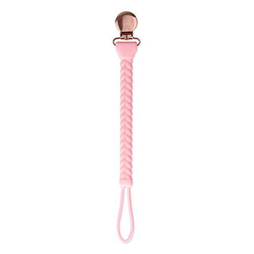 Itzy Ritzy Silicone Pacifier Clip; 100% Silicone Pacifier Strap with Clip Keeps Pacifiers, Teethers & Small Toys in Place; Features Cute Braid Detailing and Silicone Cord, Pink with Rose Gold Clip