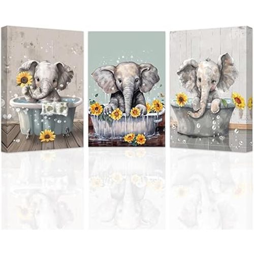 SWQYLB Funny Bathroom Elephant Wall Art Elephant In Bathtub Poster Prints Sunflower Animal Bucket Picture Canvas Sign for Bathroom Toilet Decor Framed (Grey, (12"x16"x3 Pieces))