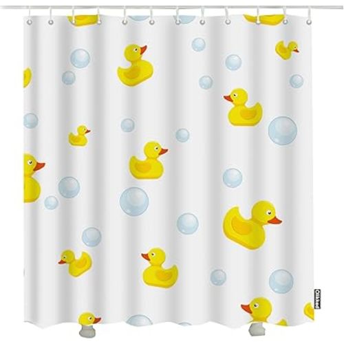 Ducks Shower Curtain Cute Yellow Rubber Duck Soap Bubbles Shower Curtain Set Bathroom Accessories Waterproof Fabric 72x72 Inch with Hooks