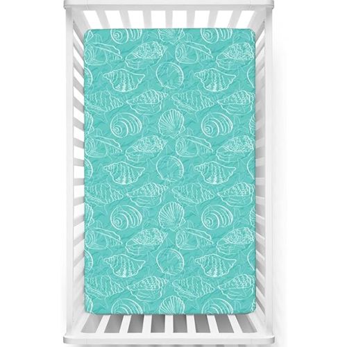 Sea Shells Themed Fitted Mini Crib Sheets,Portable Mini Crib Sheets Ultra Soft Material-Crib Mattress Sheet or Toddler Bed Sheet,24“ x38“,Seafoam White