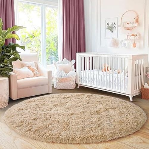 6‘x6’ Beige Round Rug for Bedroom, Ultra Soft Fluffy Circle Rug for Kids Girls Boys Room, Cute Shag Rugs for Living Room Playroom Tent Castle Home Decor Rug