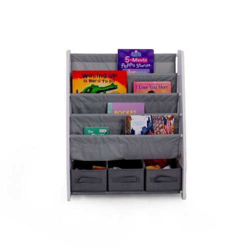 Kids' Bookshelf 4 Tier Book Storage and Fabric Bin Organizer Gray/White - Humble Crew: Toddler Book Storage, MDF Frame