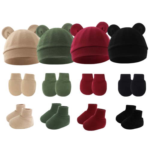 FEOYA Baby Boy Beanie Cap Newborn Hospital Hat Infant Bear Ears Preemie Cotton Hat Baby Girl Hat Mitten Sock Set Preemie No Scratch Mittens 4 Pack for 0-6 Months(Khaki Dark Green Black Burgundy)