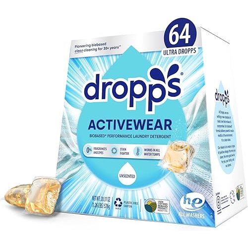 Dropps Activewear Laundry Detergent Pods, Unscented (64 Count) - Biobased Power Laundry Pods Fights Tough Stains & Odors, Sweat & Dirt - HE Compatible Laundry Supplies for Clean Sport Clothes