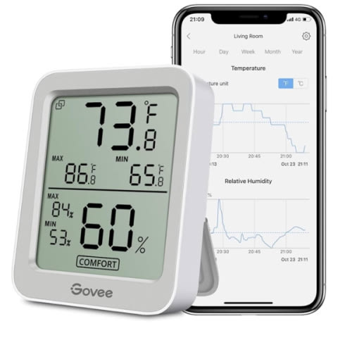 Govee Bluetooth Digital Hygrometer Indoor Thermometer, Room Humidity and Temperature Sensor Gauge with Remote App Monitoring, Large LCD Display, Notification Alerts, 2 Years Data Storage Export, Grey