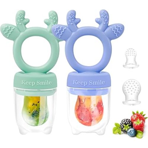 Baby Solids/Frozen Fruit Feeder Pacifier, Infant Teether Toy 4M+, BPA-Free Silicone Pouch & Nipple, Safely Introduce Solids, Teething Relief, 2-Pack (Deer - Green Purple, S/M/L)