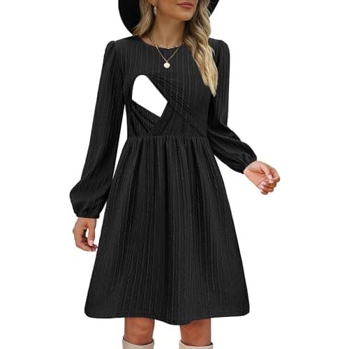 Women Nursing Dress Long Sleeve Round Neck Maternity Flowy Knee Length Babydoll