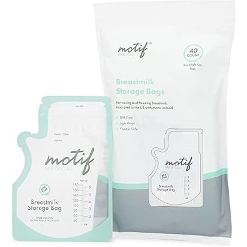 Motif Medical, Milk Storage Bags, 8 oz Milk Freezer Bag with Easy Pour Spout, BPA Free, Write-On Label - 40 Count