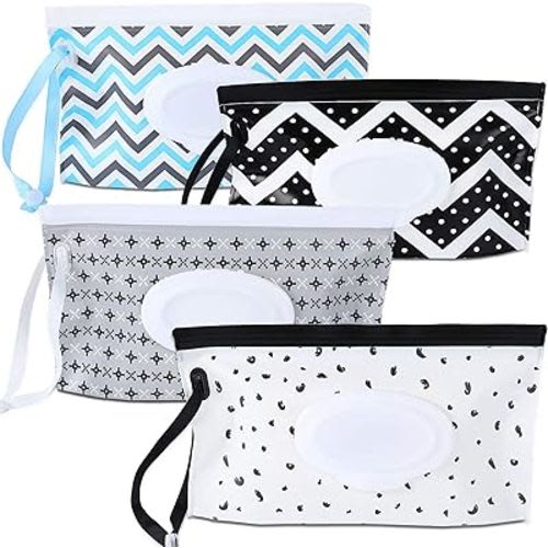 FEBSNOW 4 Pack Baby Wipe Dispenser, Portable Refillable Wipe Holder, Baby Wipes Container, Wipe Dispenser, Reusable Travel Wet Wipe Pouch (Geometric)