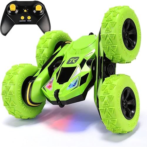 Threeking Remote Control Car RC Cars RC Stunt Car Toy with Lights Double-Sided Driving Indoor Outdoor Toys Gifts Presents for 4 5 6 7 8 9 10 11 12 Year Old Kids Boys Girls,Green