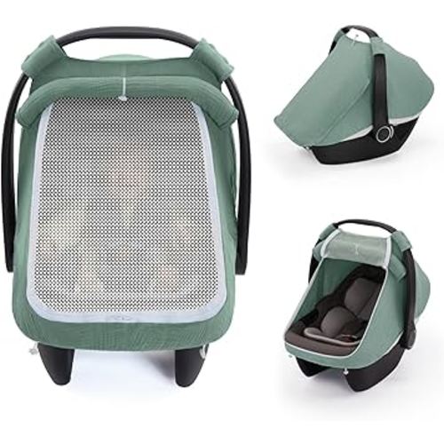 Blissful Diary Baby Car Seat Cover, Extra Large Mesh Window, Breathable Muslin Cotton, Infant Windproof Canopy, Must-Have Baby Gift - Roman Green