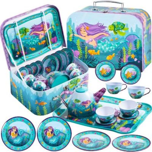 Joyfy Kid Tea Set, Mermaid Tea Party Set for Girls, Princess Pretend Play Tin Teapot Set Kitchen Toy for Girls Toddlers 2 3 4 5 6 Years Old