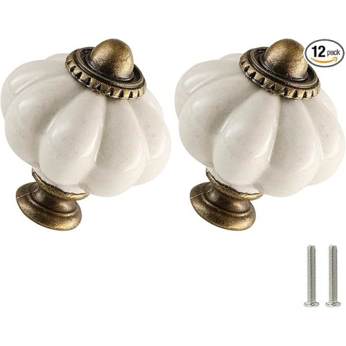 Antique White Pumpkin Knobs 12 Pack Ceramic Cabinet Knobs Vintage Drawer Pulls - Antique Dresser Pulls with Screws for Closet Drawer Cupboard Cabinet and DIY Home Project