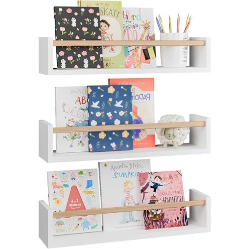 Fixwal Nursery Bookshelves, 16.5 Inch Floating Shelves for Wall Set of 3, Kids Bookshelf for Bedroom, Baby Nursery Decor (White and Natural)