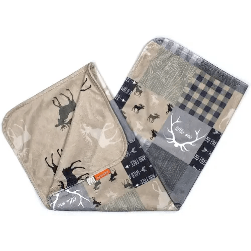 Dear Baby Gear Baby Blanket - Double Layer Minky Blanket, Gender Neutral Baby Blankets for Girls and Boys, Faux Quilt Soft Baby Blanket w/Grey Tan Adventure and Grey Moose on Tan Design, 40x30 inches