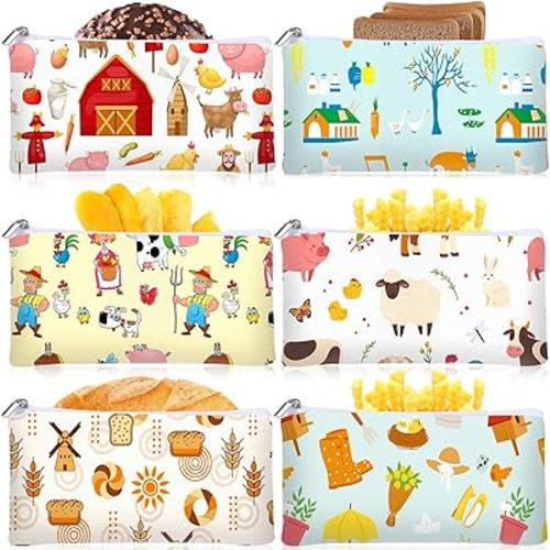 Chumia 6 Pcs Reusable Snack Bags Christmas Gifts Food Safety Washable Snack Bags Lunch with Zipper Portable Sandwich Bag Food Storage Pouch Double Layer (Farm,6.9 x 3.7 Inches)