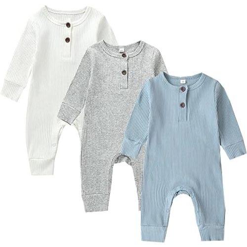 Bafeicao Baby Boy 2 Pack Solid Romper Ribbed Short/Long Sleeve Bodysuit Jumpsuit Infant Knitted Outfits Clothes