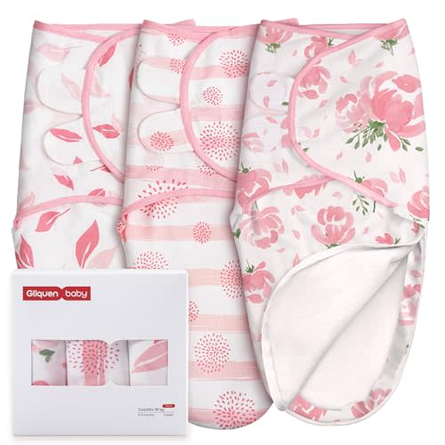 GLLQUEN BABY Baby Swaddle Sleep Sacks with Zipper - 3-Pack Newborn Swaddling Sack, Baby Swaddles Sleep Sack 0-3 Months,Pink Floral or Leaves, Swaddling Blankets 3 Pack Wrap Set, Easy Change Swaddle