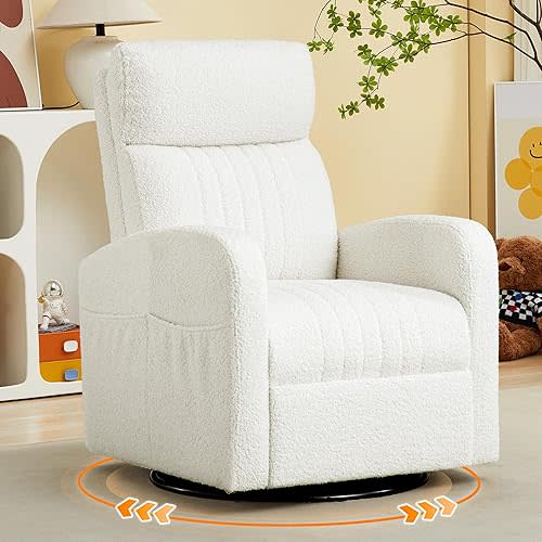 Swivel Glider Rocking Chair, Boucle Swivel Rocker Chair for Nursery, Morden Gliding Nursing Chairs with High Back for Living Room, Bedroom,Teddy White