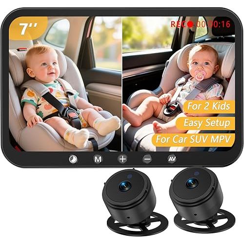 Dual Baby Car Camera for 2 Kids: 7-Inch 1080P Split-Screen Monitor with Recording Backseat Camera for Twins - USB Powered Clear Night Vision Easy to Install New - Baby Shower