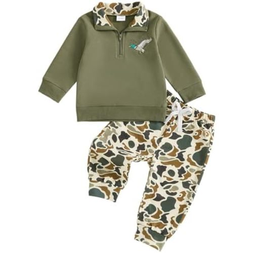 Toddler Baby Boy Hunting Outfit Mallard Duck Camouflage Half Zipper Sweatshirt Tops Solid Pants Set Fall Clothes