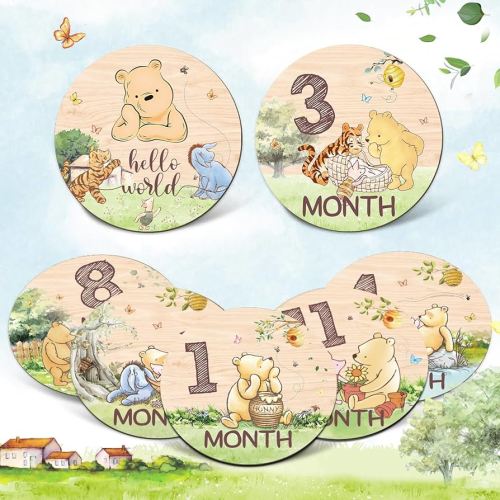 Winnie Bear Baby Month Milestone Circles, Wooden Discs Stuff for Baby Photo Takens with Hello World Name Signs - 7Pcs Double Sided Signs for Documenting Growth