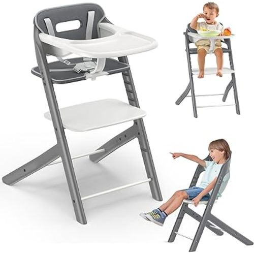 Baby High Chair with Tray, Cushion＆Safety Harness - Adjustable Step Stool and Footrest Heights High Chairs for Babies and Toddlers 6+ Months,Easy to Clean, 200lbs Bearing, Secure & Stable